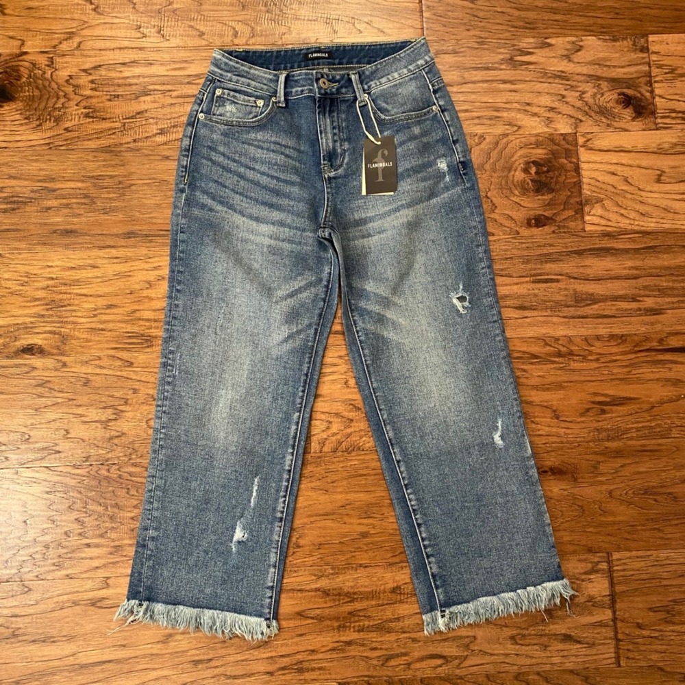 Flamingals Distressed Frayed Hem Wide Leg Jeans Women XS Blue Raw Hem High Rise